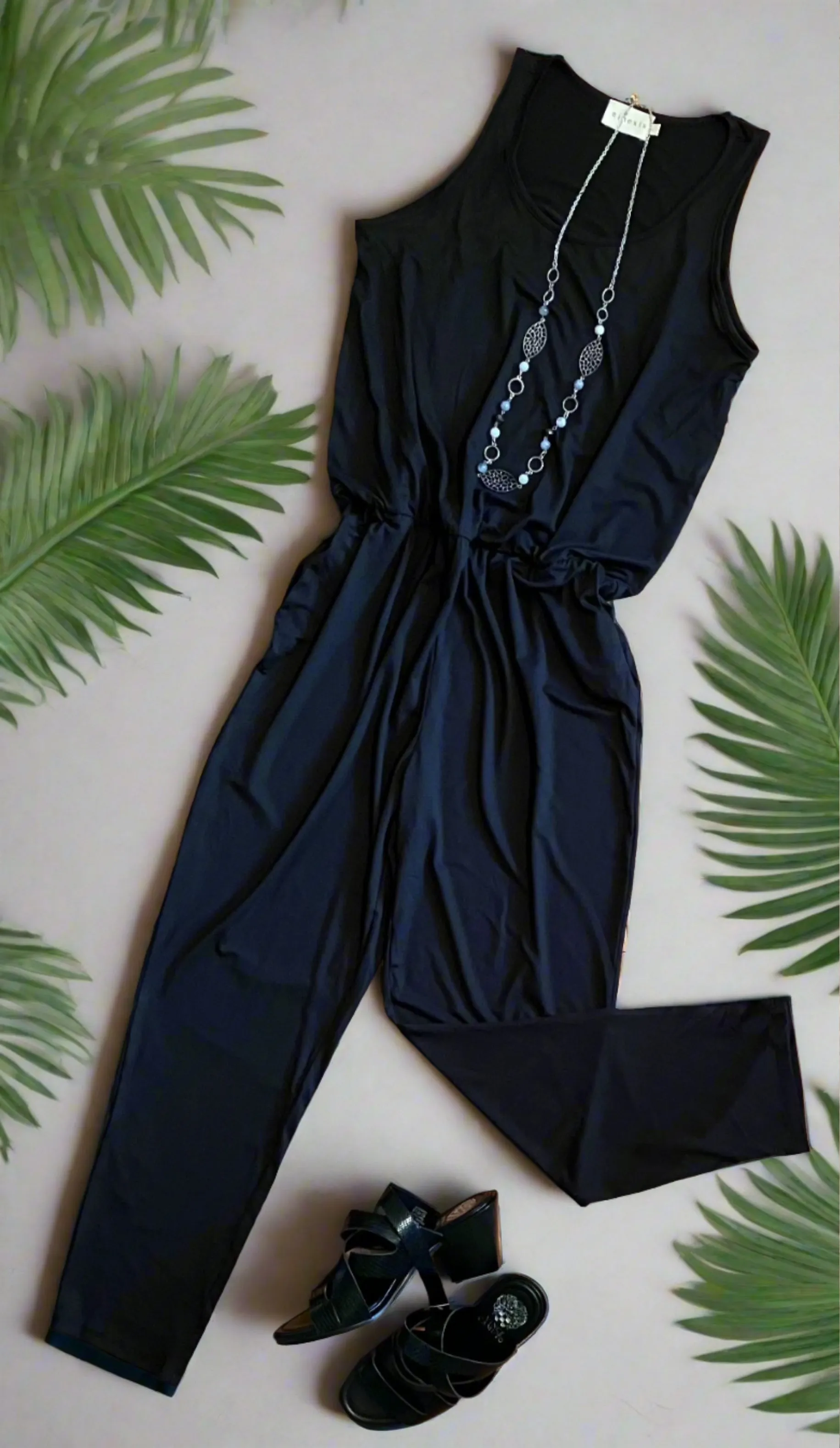 Womens Black Jumpsuit, Tank Top Sleeveless Pantsuit, Sizes S/M/L, Solid Black