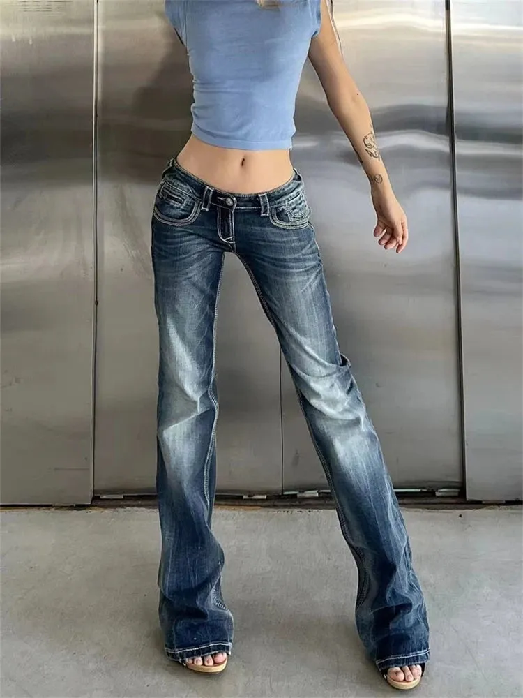 Women's Low Waisted Micro Flared Narrow Jeans Summer New Casual Slim Retro Blue Denim Pants Female Sexy Bell-bottoms Trousers