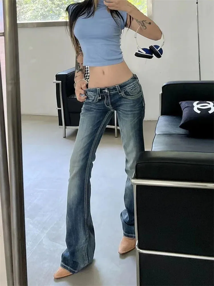 Women's Low Waisted Micro Flared Narrow Jeans Summer New Casual Slim Retro Blue Denim Pants Female Sexy Bell-bottoms Trousers