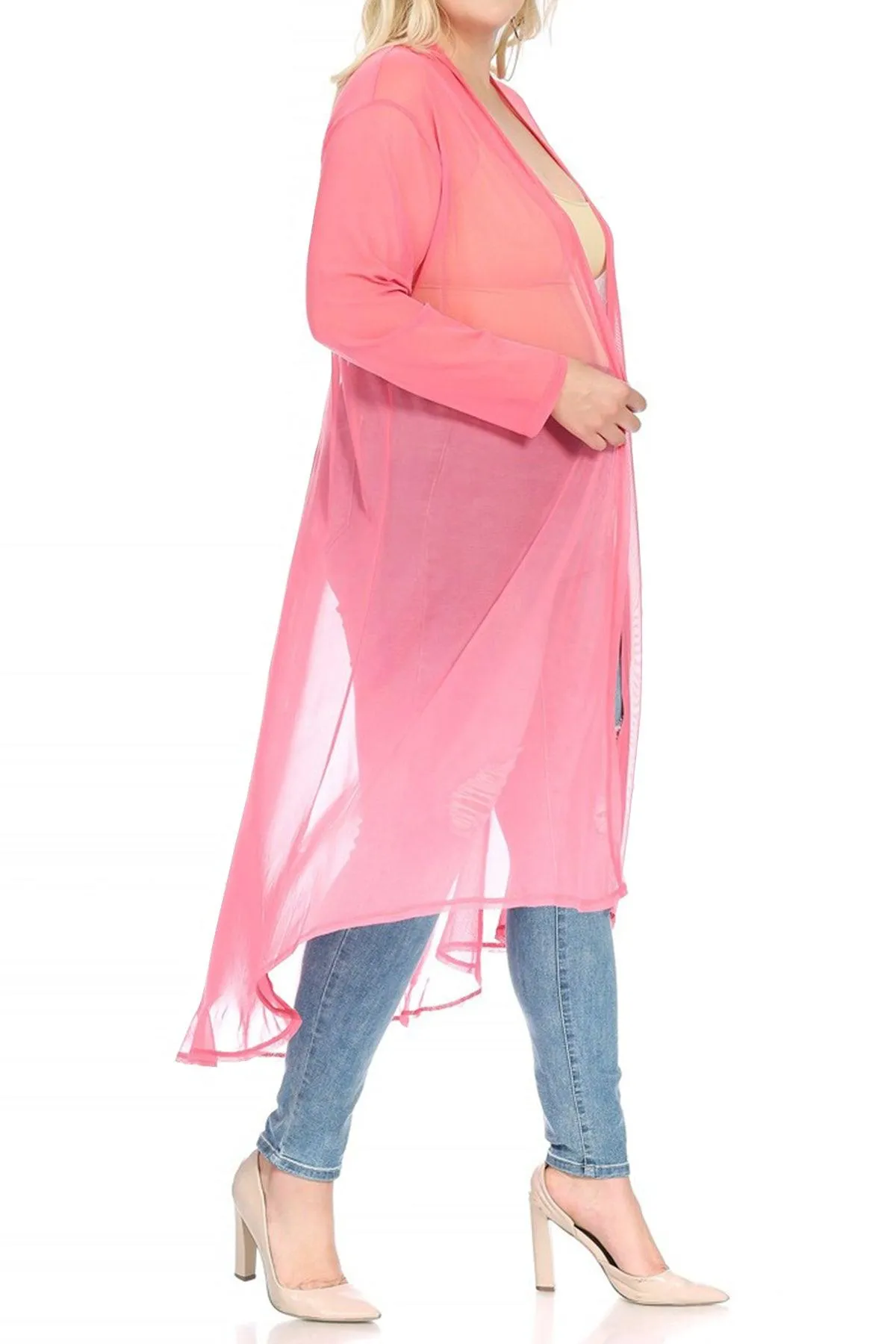 Women's Plus Size Solid Open Front Long Sleeve Chiffon Mesh Loose Cover Up Long Cardigan