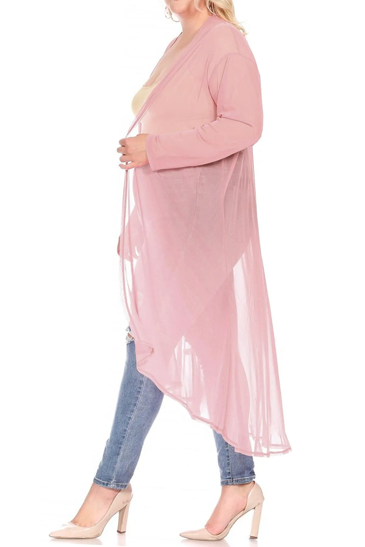 Women's Plus Size Solid Open Front Long Sleeve Chiffon Mesh Loose Cover Up Long Cardigan