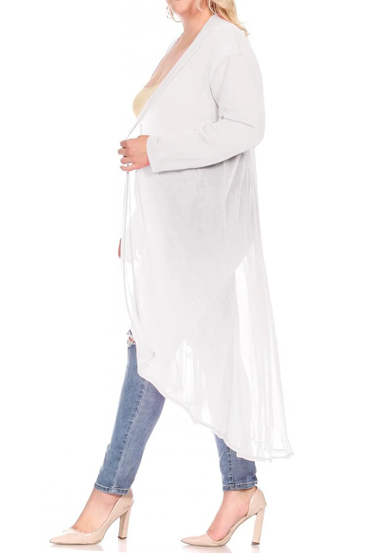 Women's Plus Size Solid Open Front Long Sleeve Chiffon Mesh Loose Cover Up Long Cardigan