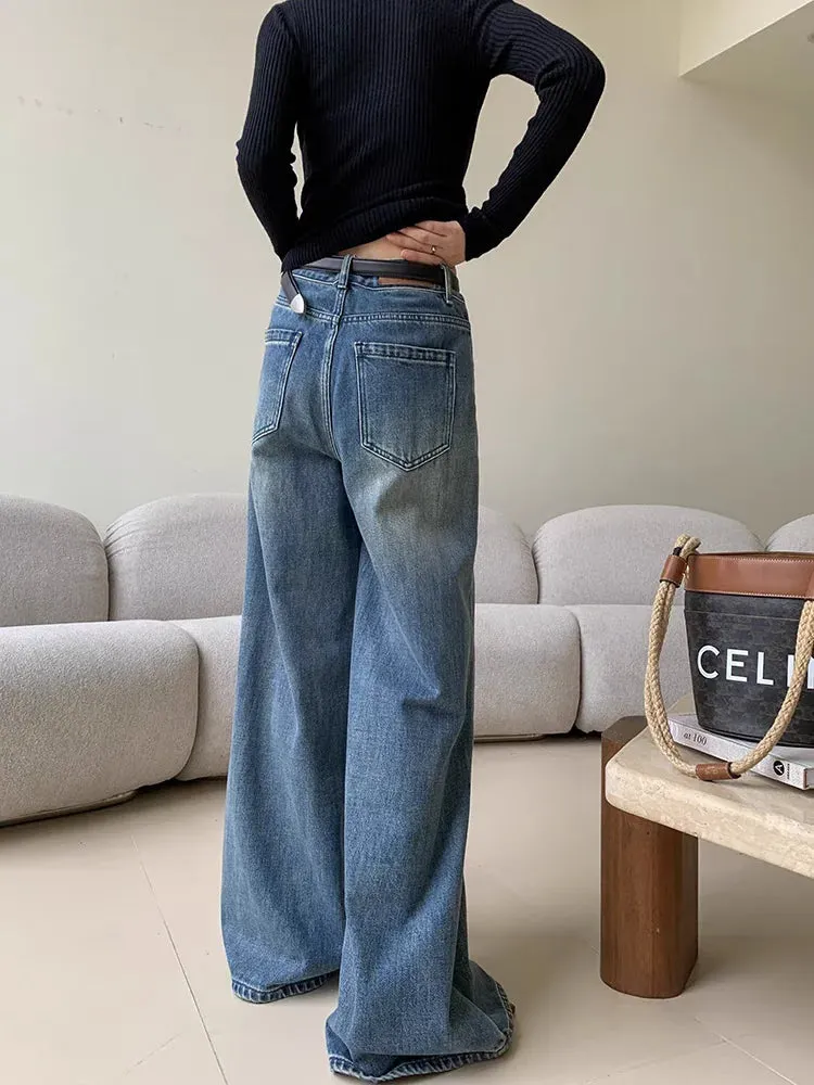 Women's Retro High Waisted Loose Micro Flared Pants Casual Jeans Vintage American Street Female Straight Denim Trousers