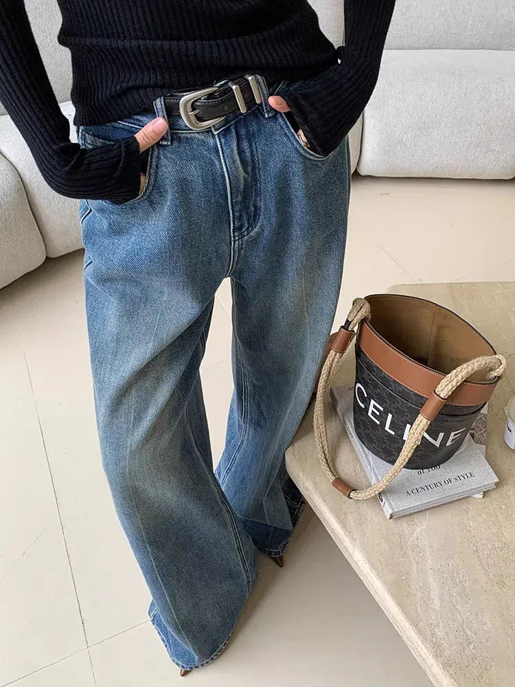 Women's Retro High Waisted Loose Micro Flared Pants Casual Jeans Vintage American Street Female Straight Denim Trousers