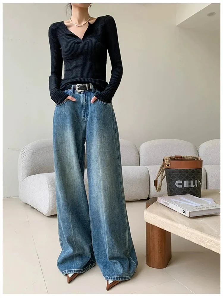 Women's Retro High Waisted Loose Micro Flared Pants Casual Jeans Vintage American Street Female Straight Denim Trousers