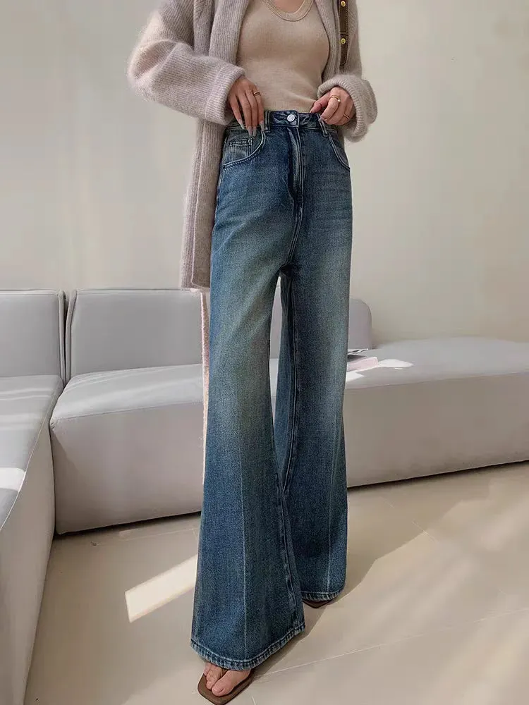 Women's Retro High Waisted Loose Micro Flared Pants Casual Jeans Vintage American Street Female Straight Denim Trousers