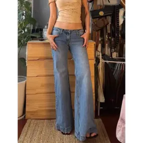 Women's Retro Washed Low Waisted Flared Jeans Summer New Chic Casual Wide-leg Pants Female Sexy Denim Bell-bottoms Trousers