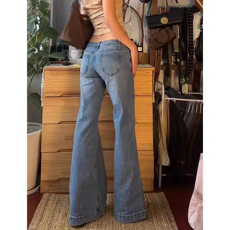 Women's Retro Washed Low Waisted Flared Jeans Summer New Chic Casual Wide-leg Pants Female Sexy Denim Bell-bottoms Trousers