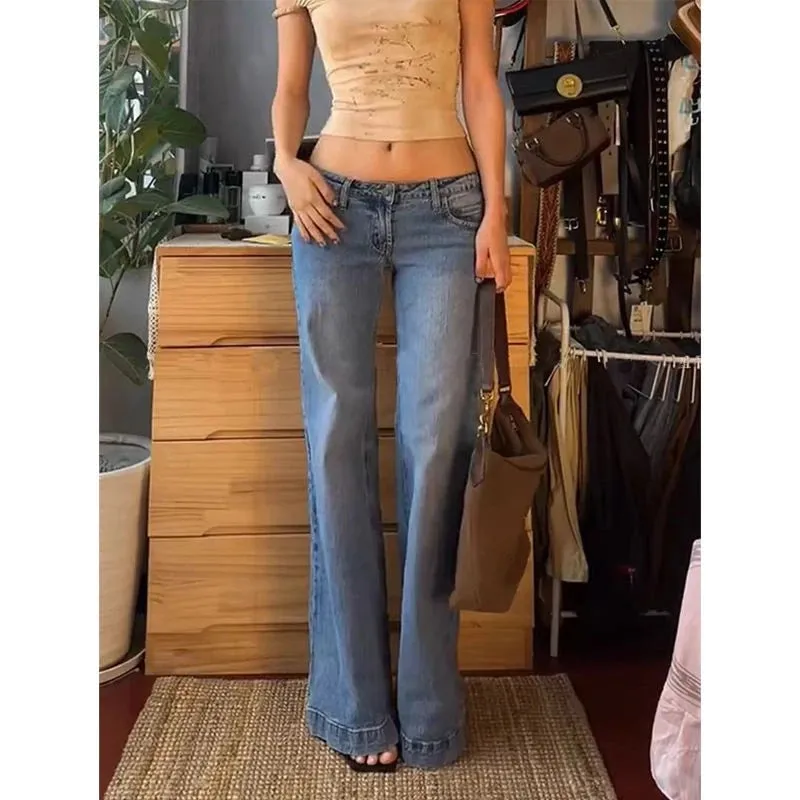 Women's Retro Washed Low Waisted Flared Jeans Summer New Chic Casual Wide-leg Pants Female Sexy Denim Bell-bottoms Trousers