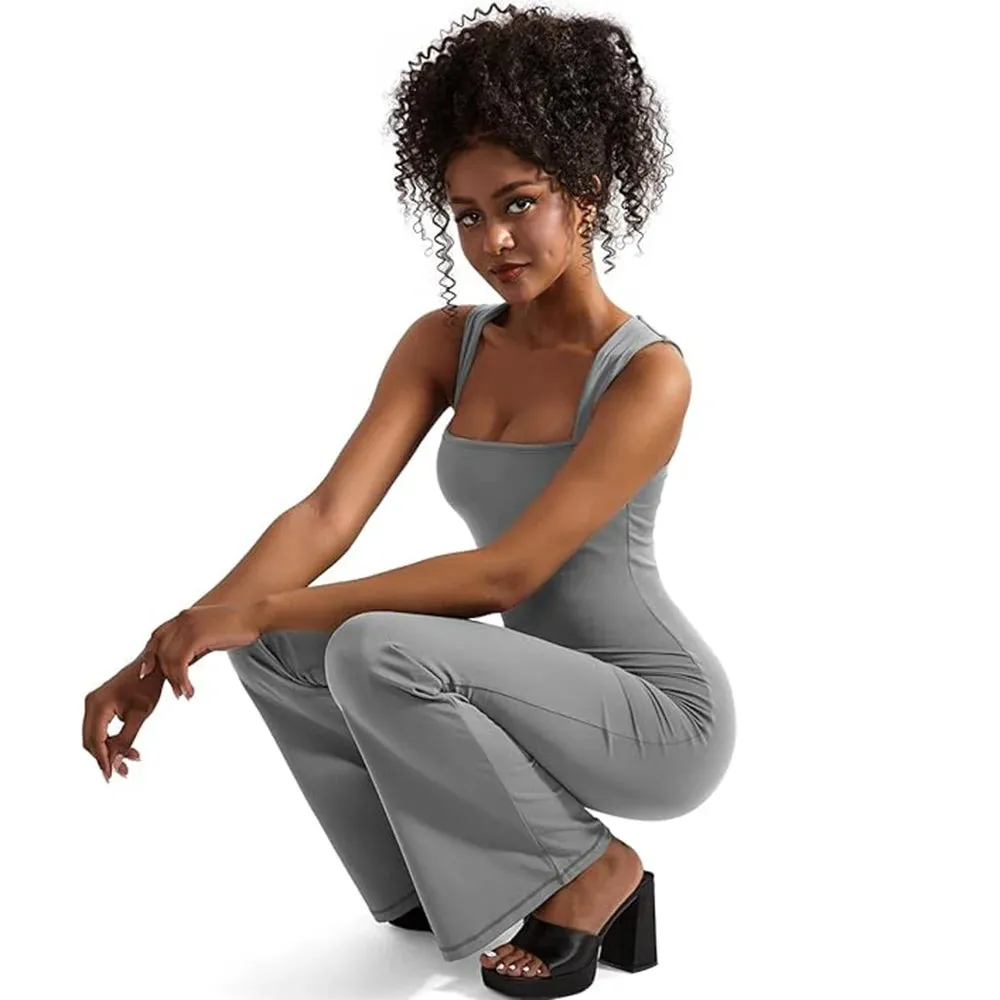 Women's Sleeveless Bodysuit Flared Pants  Square Neck Full Seasons Casual Fitness Playsuit Sleeveless  Streewear Jumpsuits  Lady