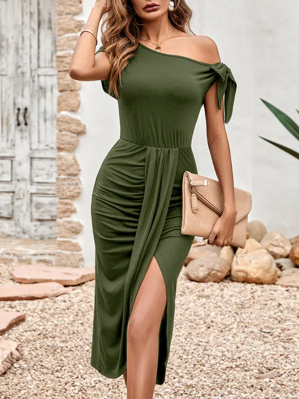 Women's Solid Color Casual Knit Slant Neck Slit Waist Dress