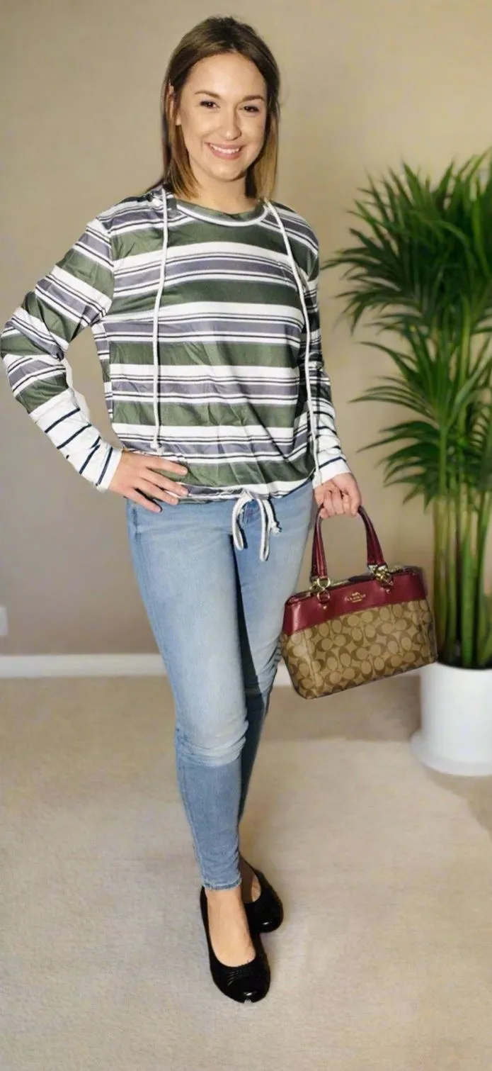 Womens Striped Hoodie Sweatshirt, Tie Waist Top, Sizes S/M/L/XL, Green/Gray/White