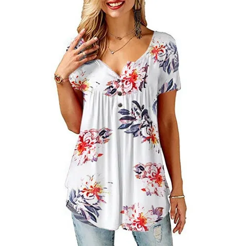 Womens Summer Tops V Nec Pleated Flared Plus Size Blouses