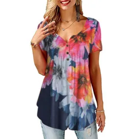 Womens Summer Tops V Nec Pleated Flared Plus Size Blouses