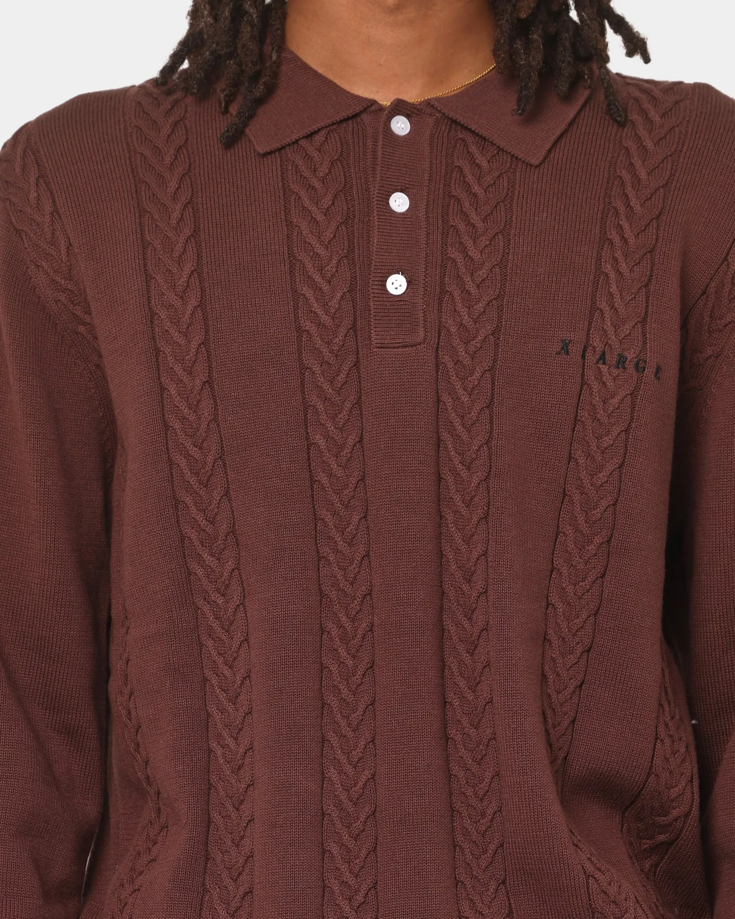 X Large Cable Knit Long Sleeve Polo Shirt Brown