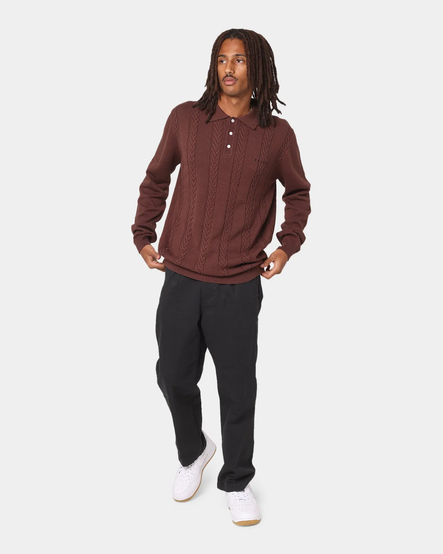 X Large Cable Knit Long Sleeve Polo Shirt Brown