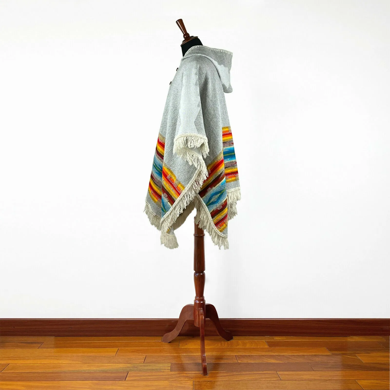 Yapi - Llama wool Unisex Hooded Open Cape Poncho - Authentic South American Aztec pattern - GREY