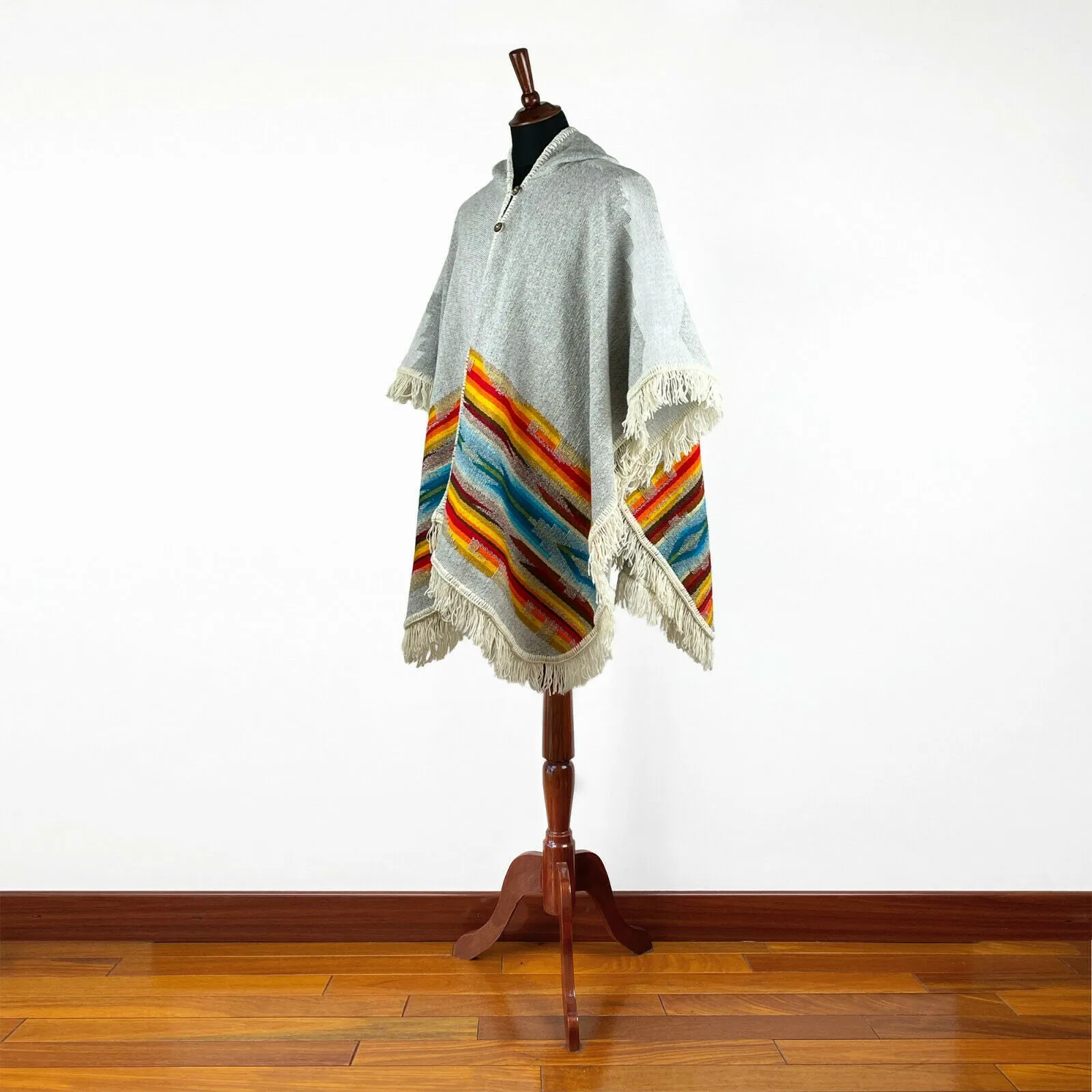 Yapi - Llama wool Unisex Hooded Open Cape Poncho - Authentic South American Aztec pattern - GREY