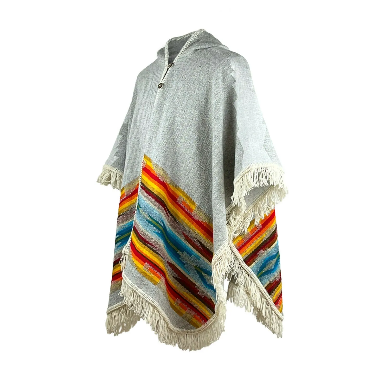 Yapi - Llama wool Unisex Hooded Open Cape Poncho - Authentic South American Aztec pattern - GREY