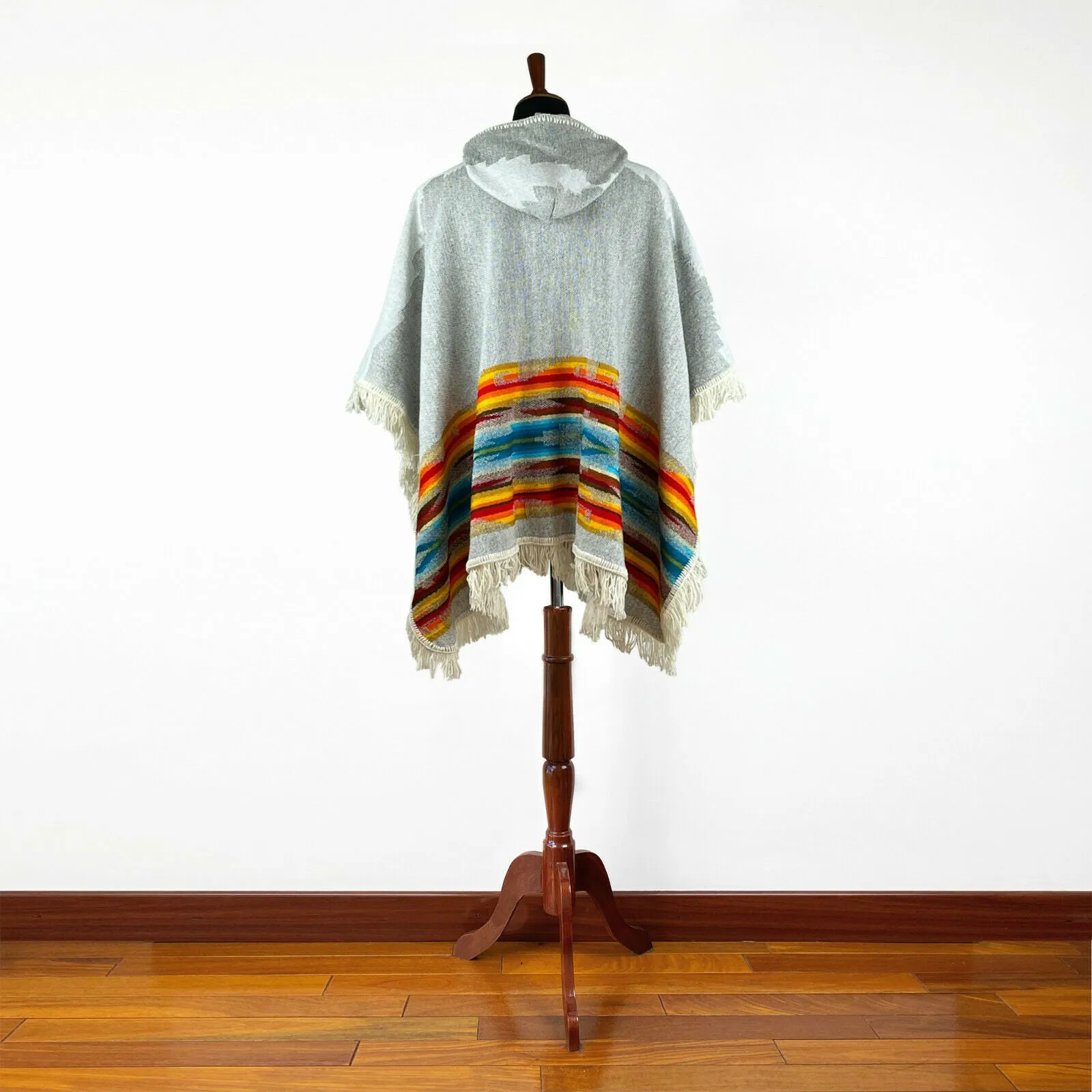 Yapi - Llama wool Unisex Hooded Open Cape Poncho - Authentic South American Aztec pattern - GREY