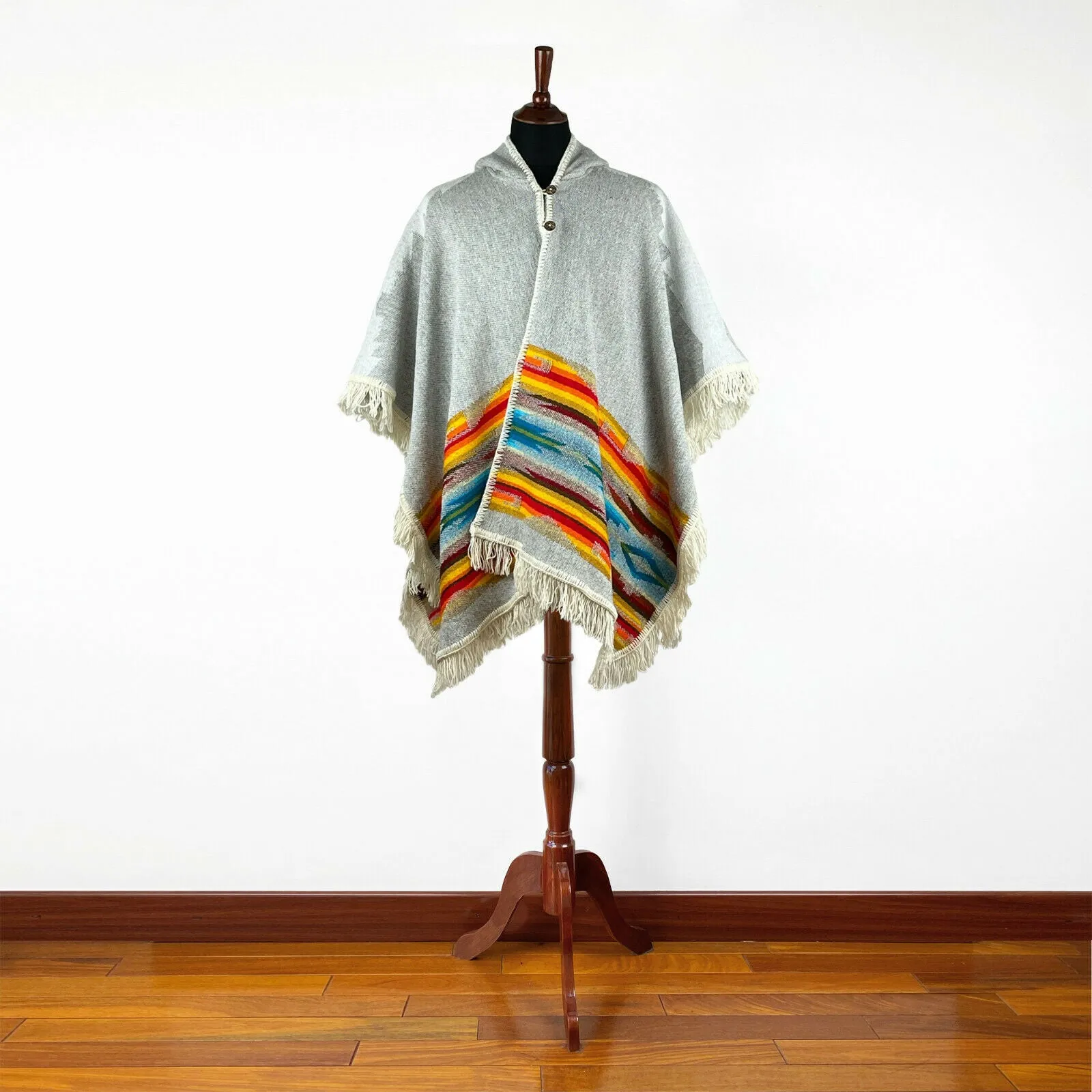 Yapi - Llama wool Unisex Hooded Open Cape Poncho - Authentic South American Aztec pattern - GREY