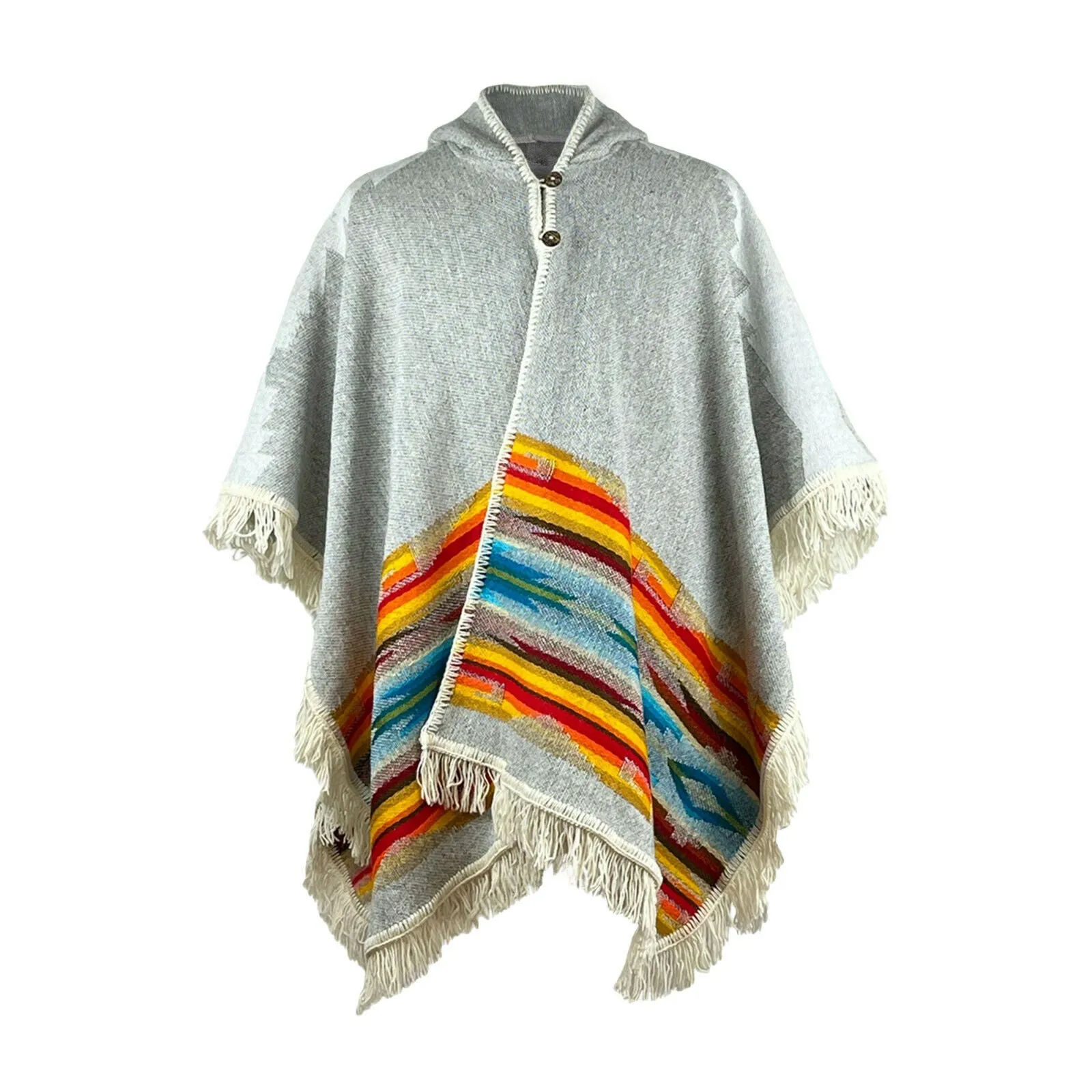 Yapi - Llama wool Unisex Hooded Open Cape Poncho - Authentic South American Aztec pattern - GREY