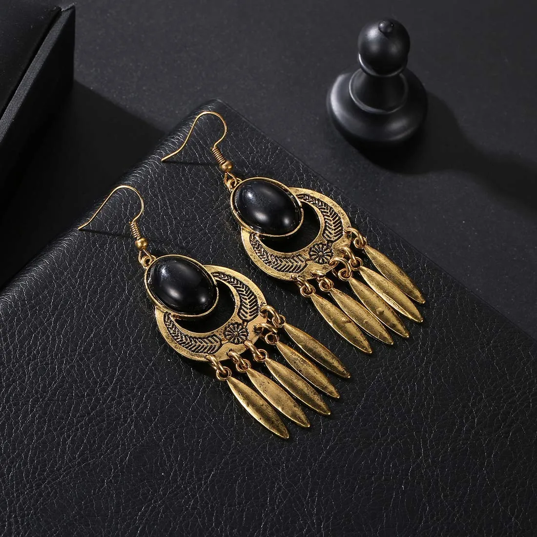 Yellow Chimes Women's Exclusive Stylish Infinity Petals Brilliant Opal and Oxidized Gold Plated Base Metal Tassel Drop Earrings (Gold, Black)