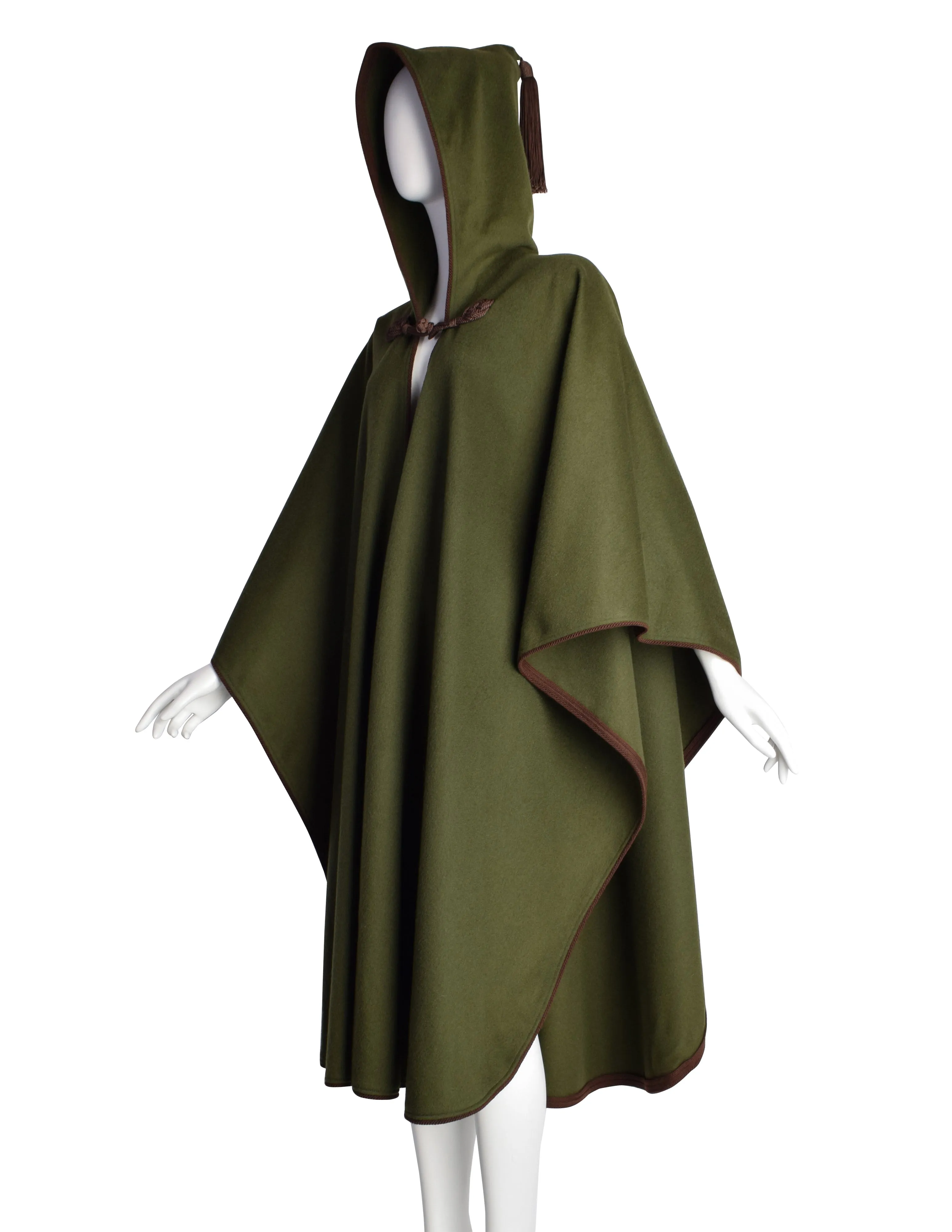 Yves Saint Laurent Vintage AW 1977 Green Brown Passementerie Tassel Hooded Cape